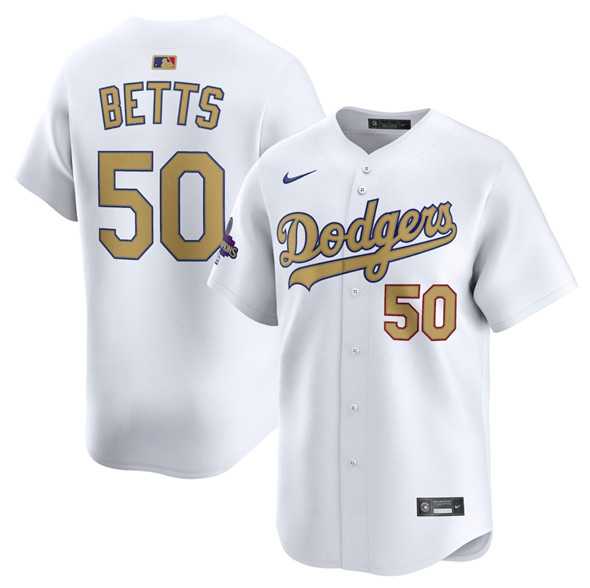 Mens Los Angeles Dodgers #50 Mookie Betts White 2025 Gold Collection Limited Stitched Jersey Dzhi
